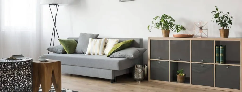 Minimalist living room featuring a gray fabric sofa with green and striped cushions, a wooden cubby storage unit, potted plants, and a decorative lamp on light wood flooring