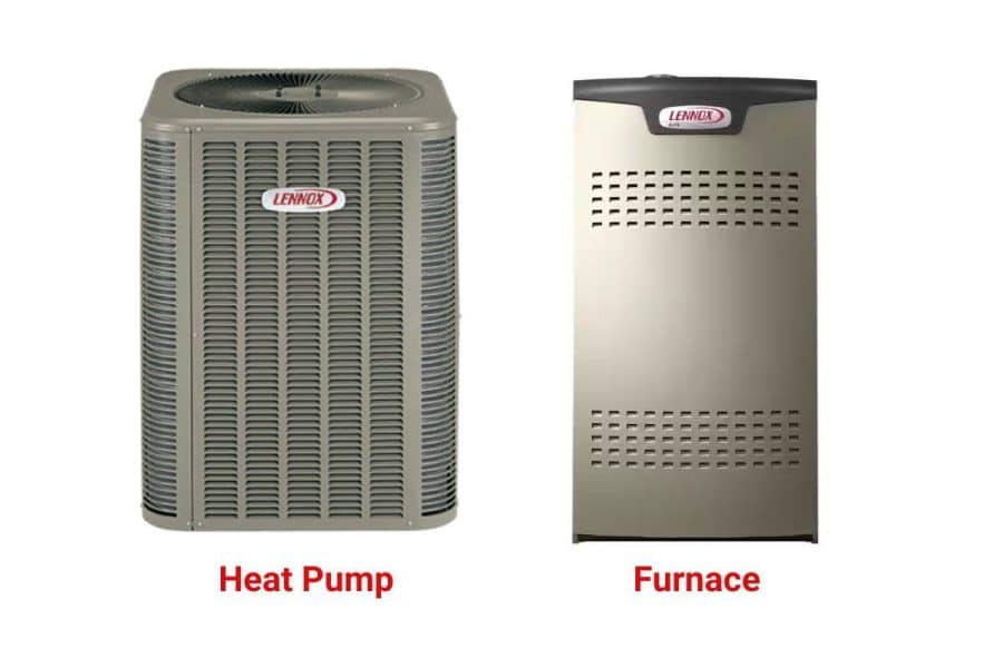 A heat pump next to a furnace.