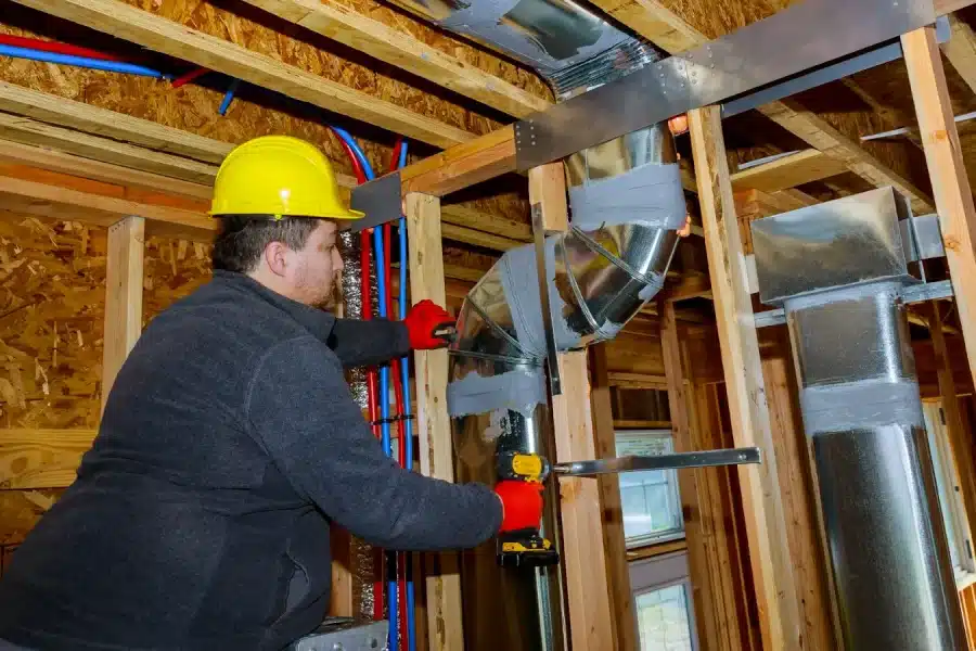 A repairman fixing ductwork in a home with gloves on