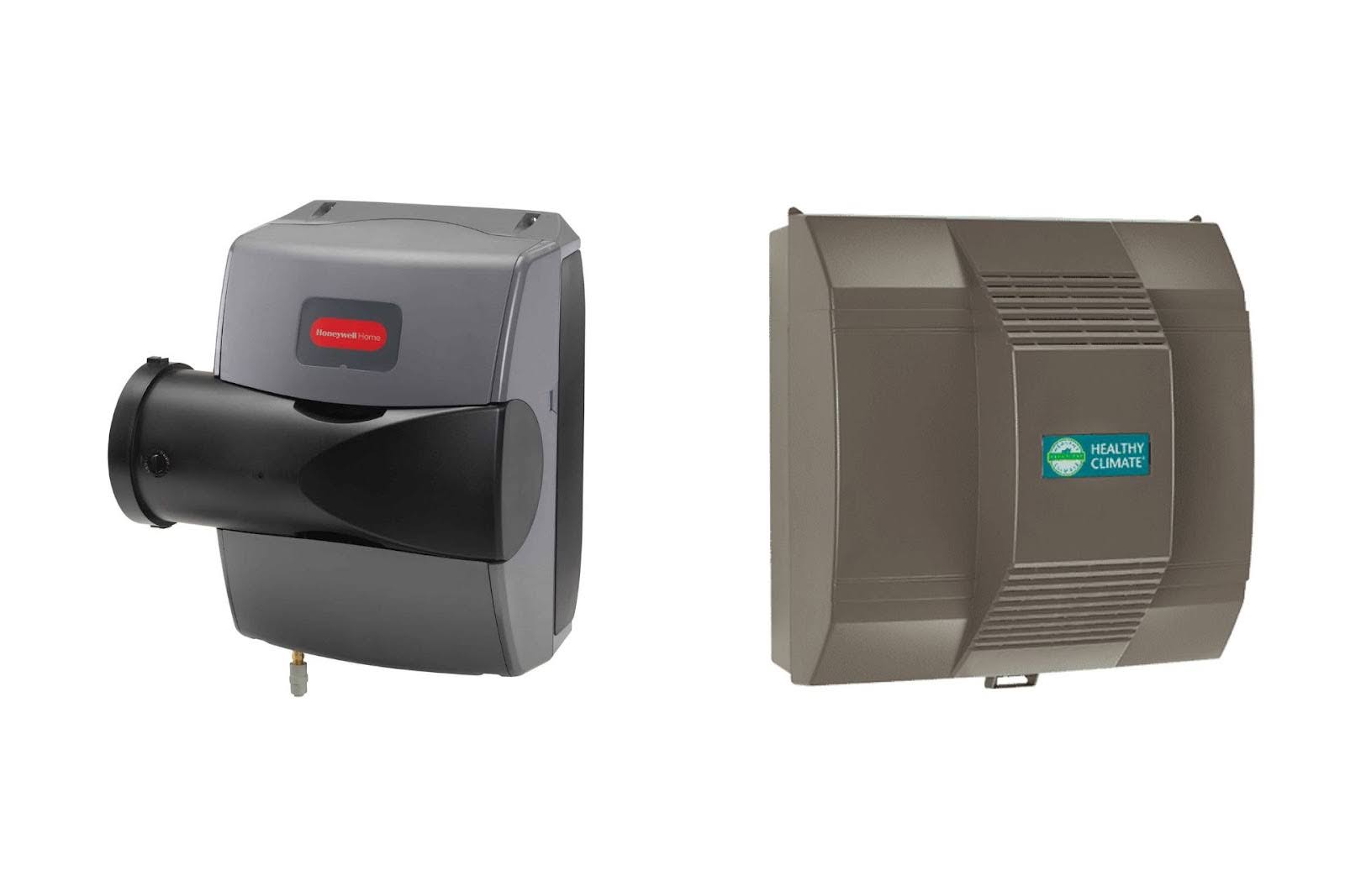 2 humidifiers from Honeywell and Lennox for central air heating and cooling systems.