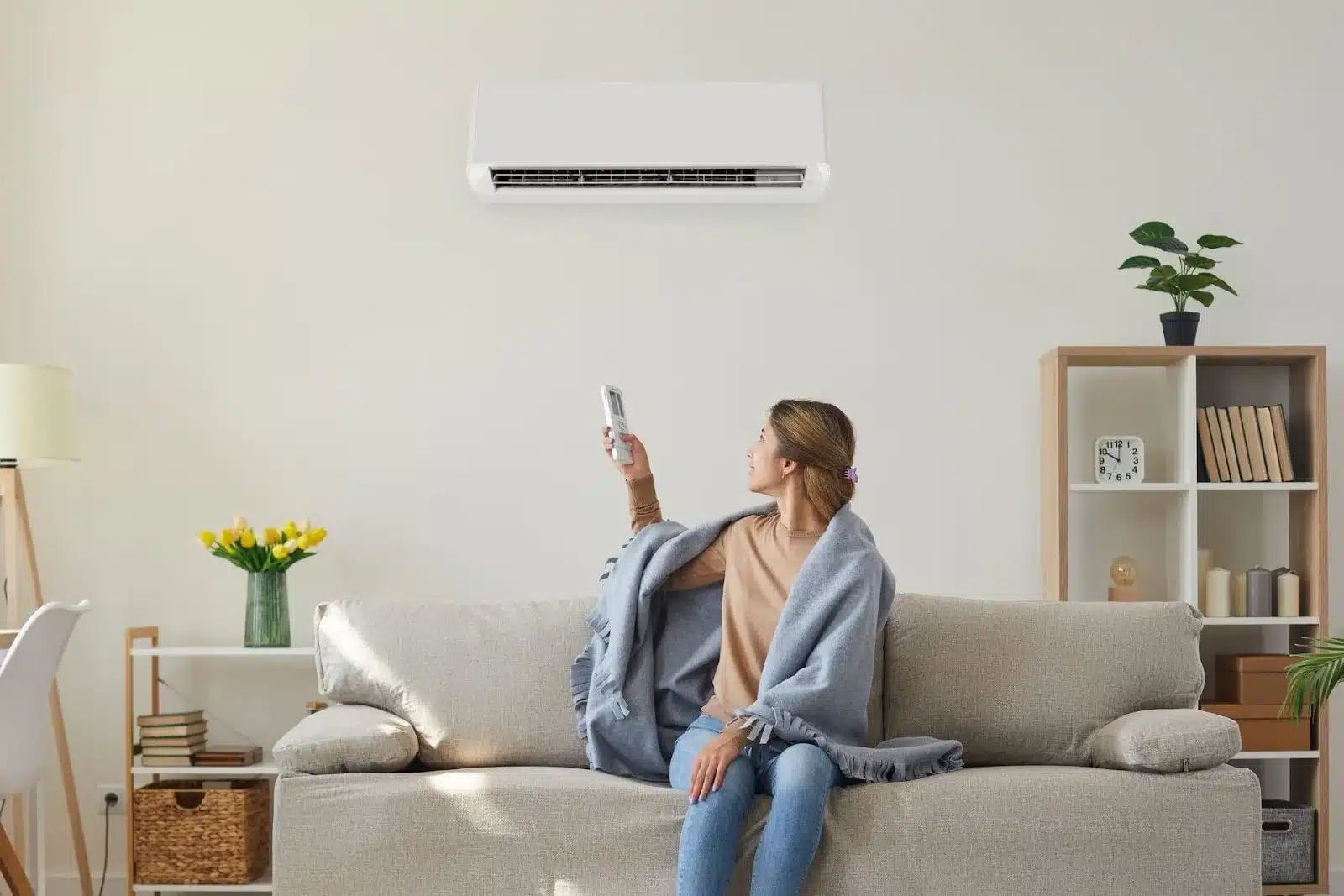 A woman adjusting the temperature of a ductless AC in the living room.