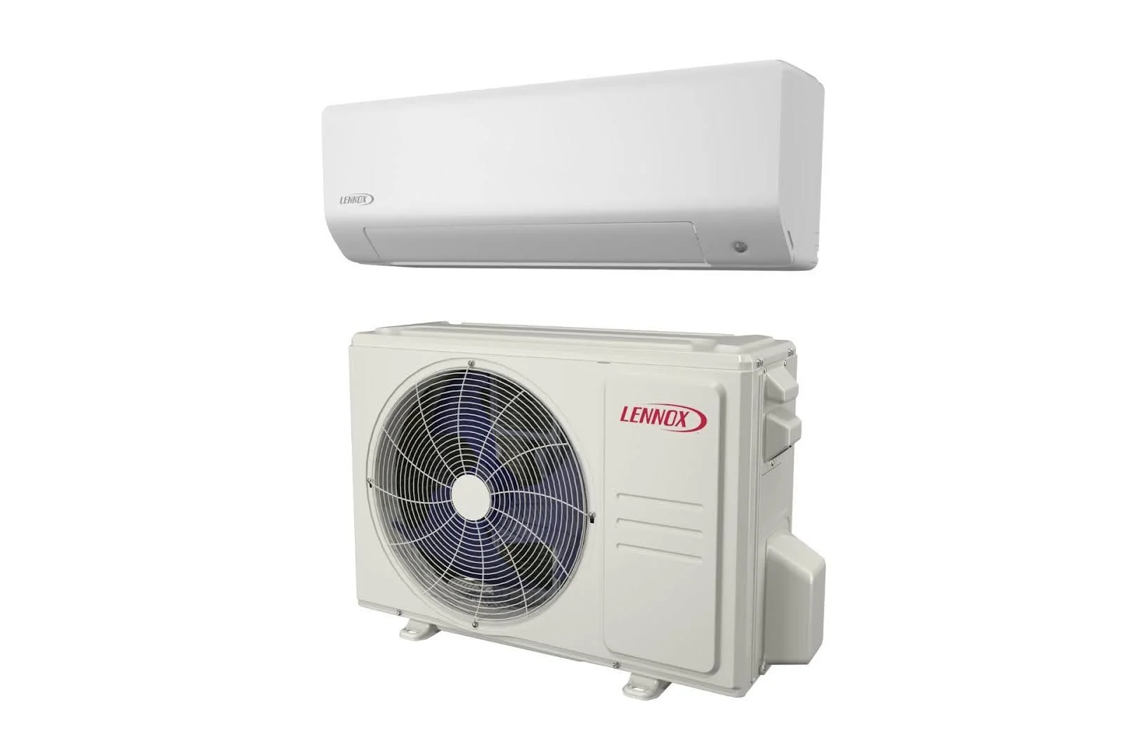 Indoor and outdoor AC units of a ductless AC system from Lennox.