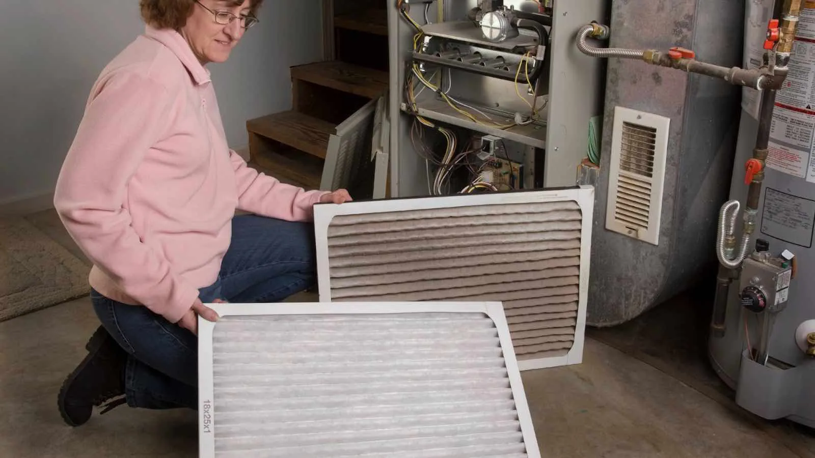 A homeowner is replacing a dirty air filter.